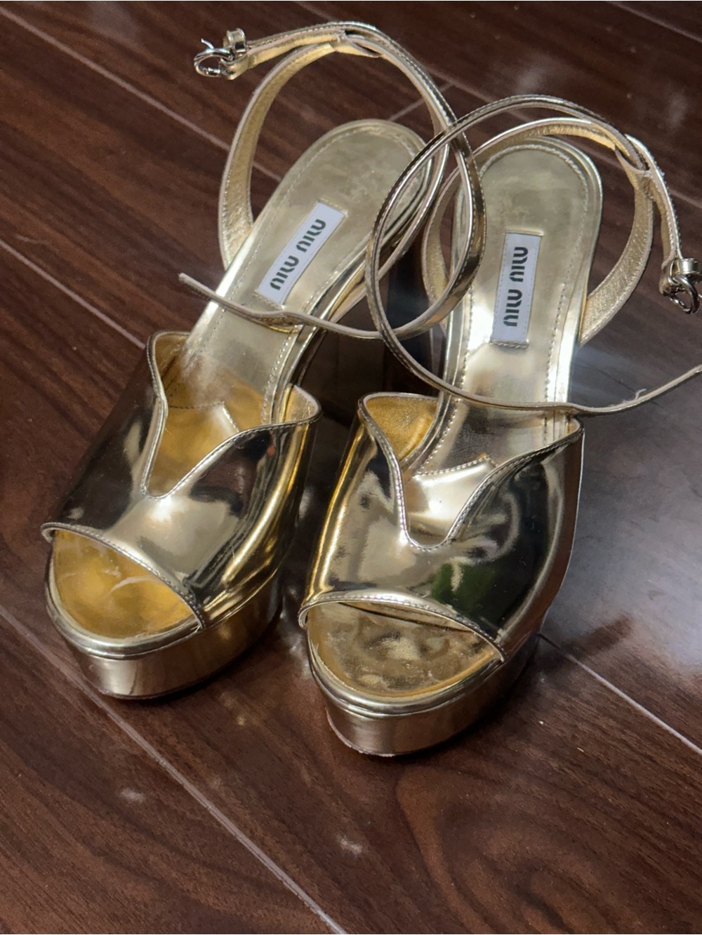 Miu Miu Metallic Gold Ankle-Strap Platform Sandals